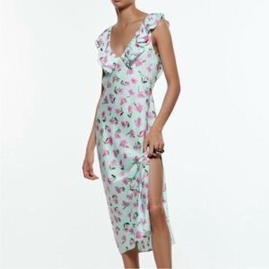 BNWT Zara mint green and pink floral midi dress